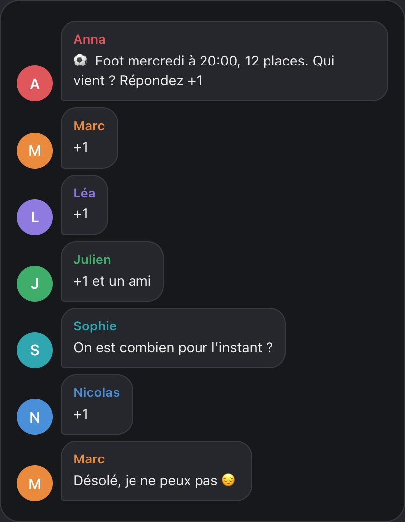 Inscriptions par « +1 » dans un groupe Telegram : les réponses et un désistement se perdent dans le fil