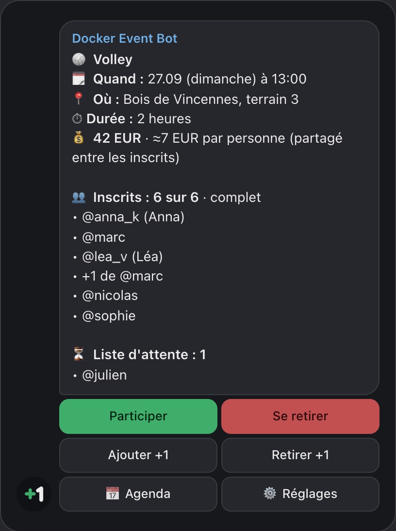Bot d’inscription dans un groupe Telegram : une fiche d’événement avec un bouton Participer, la liste des participants et une liste d’attente