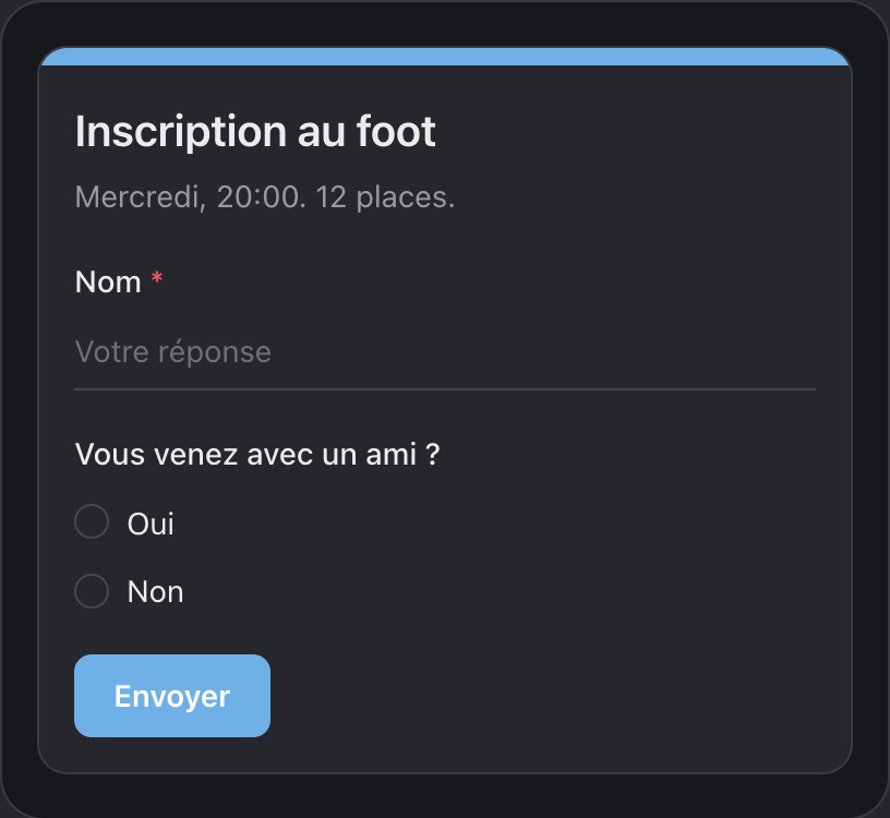 Formulaire d’inscription à un match : nom et question sur l’ami qui vient en plus