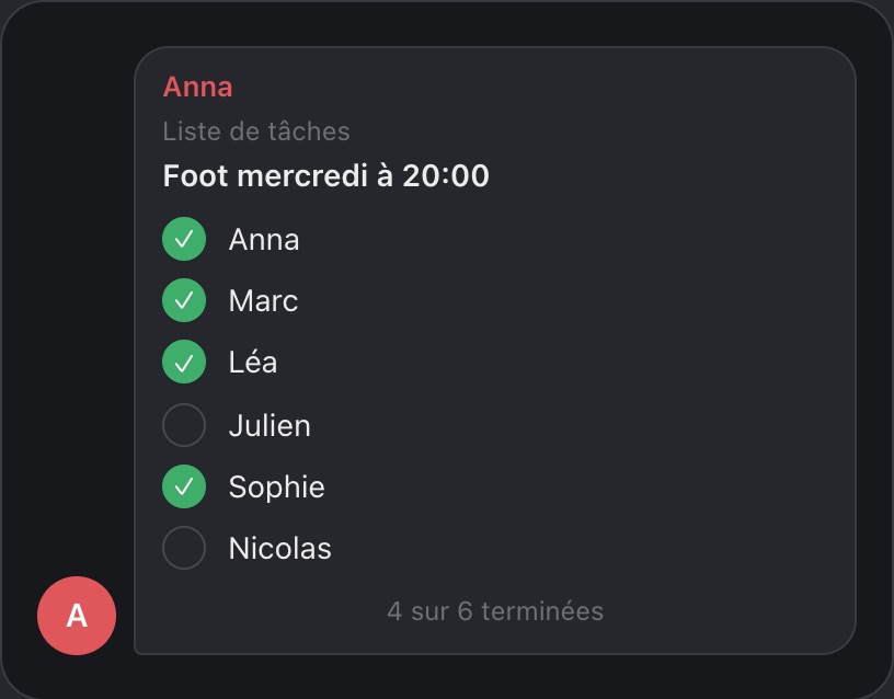 Liste de tâches Telegram avec les joueurs inscrits à un match