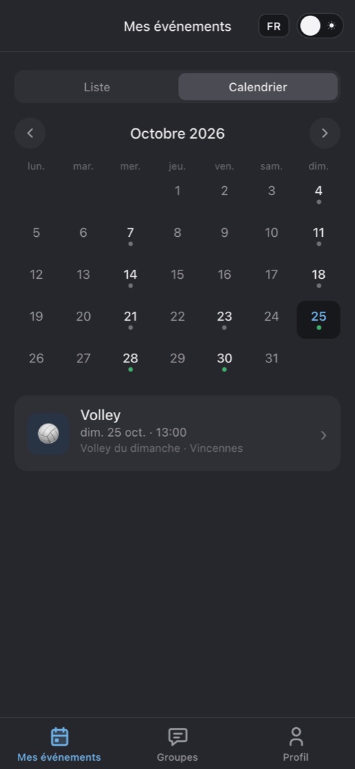 Calendrier des événements de différents groupes Telegram dans la Mini App du bot