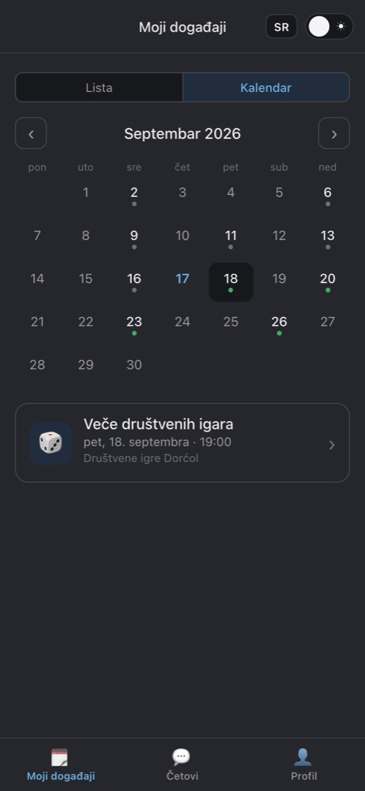 Snimak ekrana aplikacije: Jedan kalendar za sve prijave