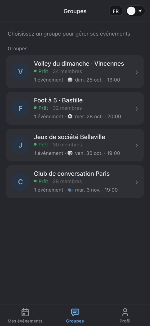 Mini App d’un bot d’inscription Telegram : la liste des groupes avec leurs prochains événements