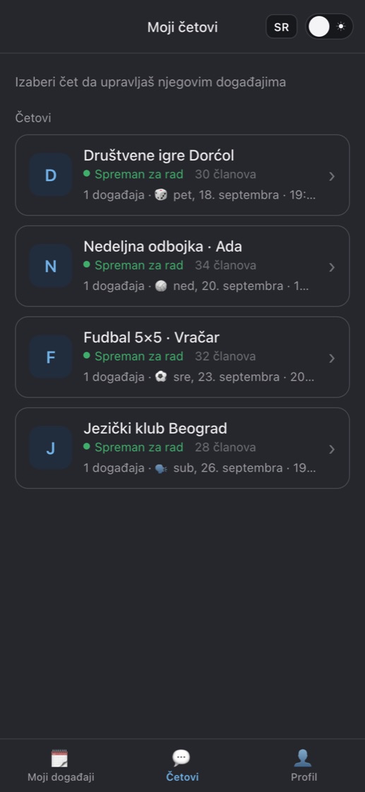 Snimak ekrana aplikacije: Svi četovi na jednom ekranu