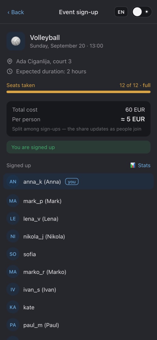 App screenshot: Event page