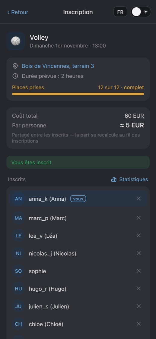 Page d’événement dans le bot Telegram : places, coût par personne et liste des participants