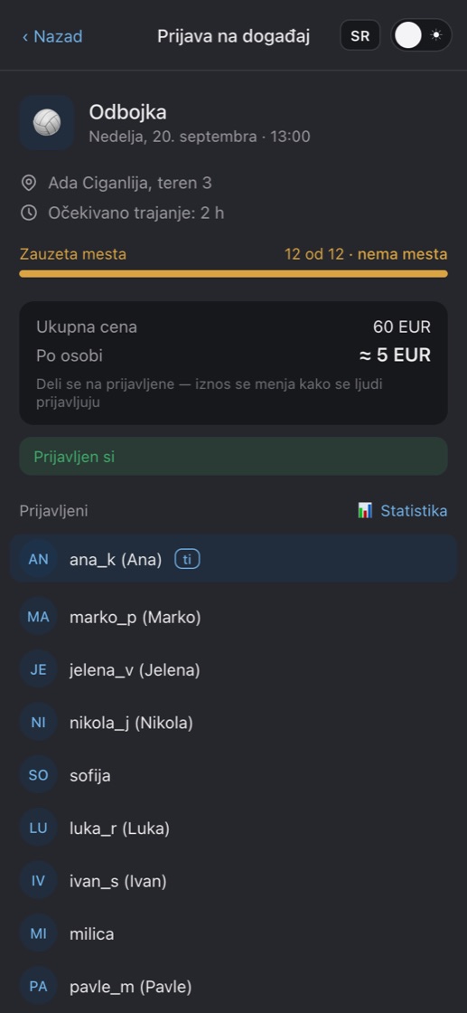 Snimak ekrana aplikacije: Stranica događaja