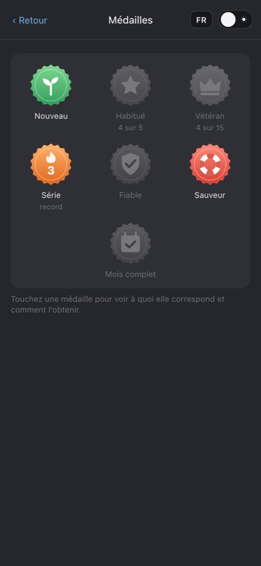 Médailles dans le bot Telegram : niveaux, série de présence, fiable, sauveur, mois complet