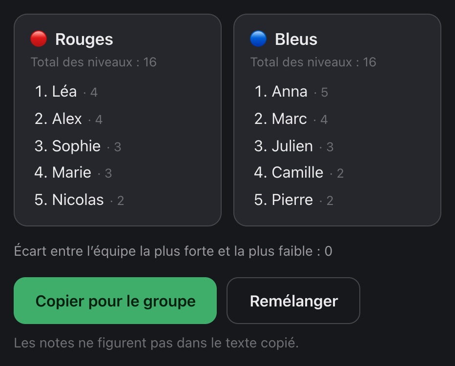 Générateur d’équipes en ligne : 10 joueurs répartis en 2 équipes équilibrées par niveau
