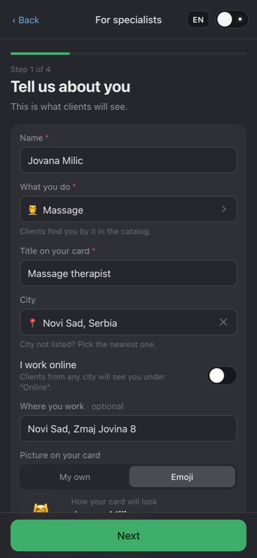 Step 1 of creating a booking page: name, category, title, city and address of the specialist