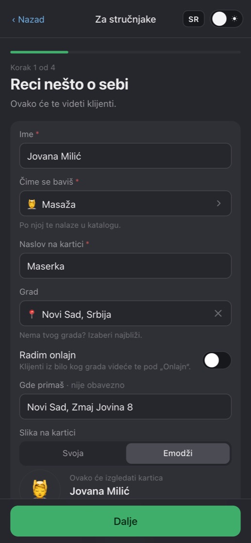 Korak 1 pravljenja stranice za zakazivanje: ime, kategorija, naslov, grad i adresa stručnjaka