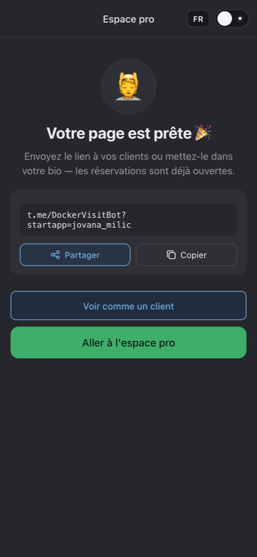La page de réservation est prête : le lien pour les clients avec les boutons Partager et Copier