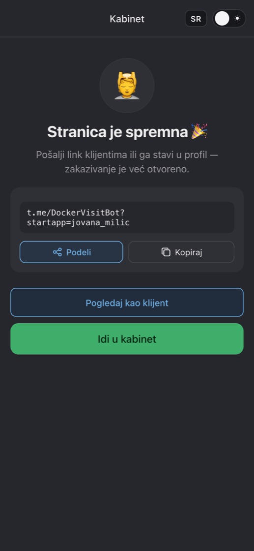 Stranica za zakazivanje je spremna: link za klijente sa dugmadima „Podeli” i „Kopiraj”