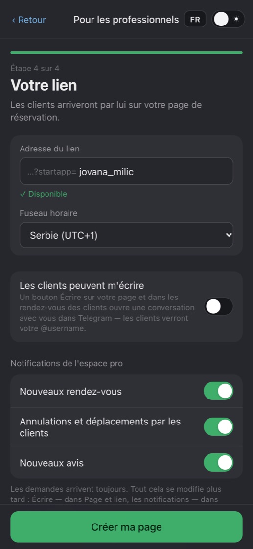 Étape 4 : adresse du lien, fuseau horaire, notifications et acceptation des conditions d'utilisation