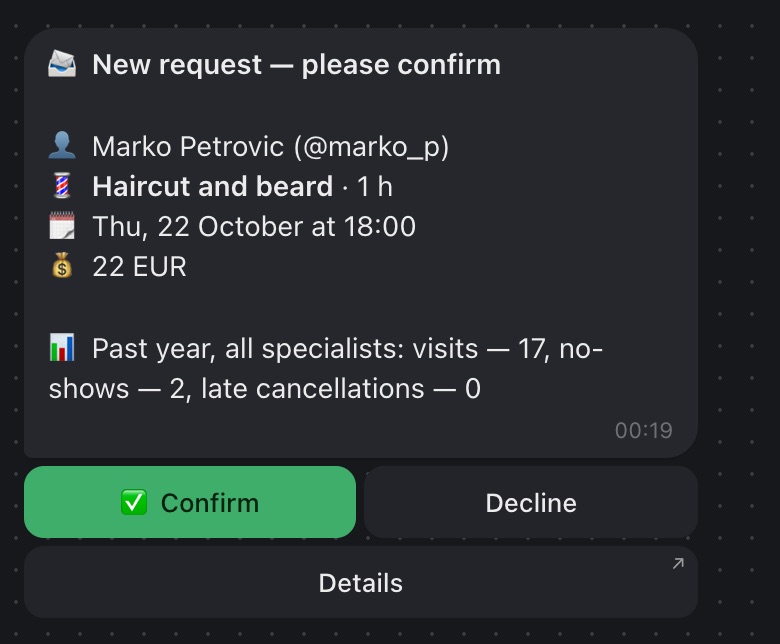 A new booking request in the Telegram bot with Confirm and Decline buttons