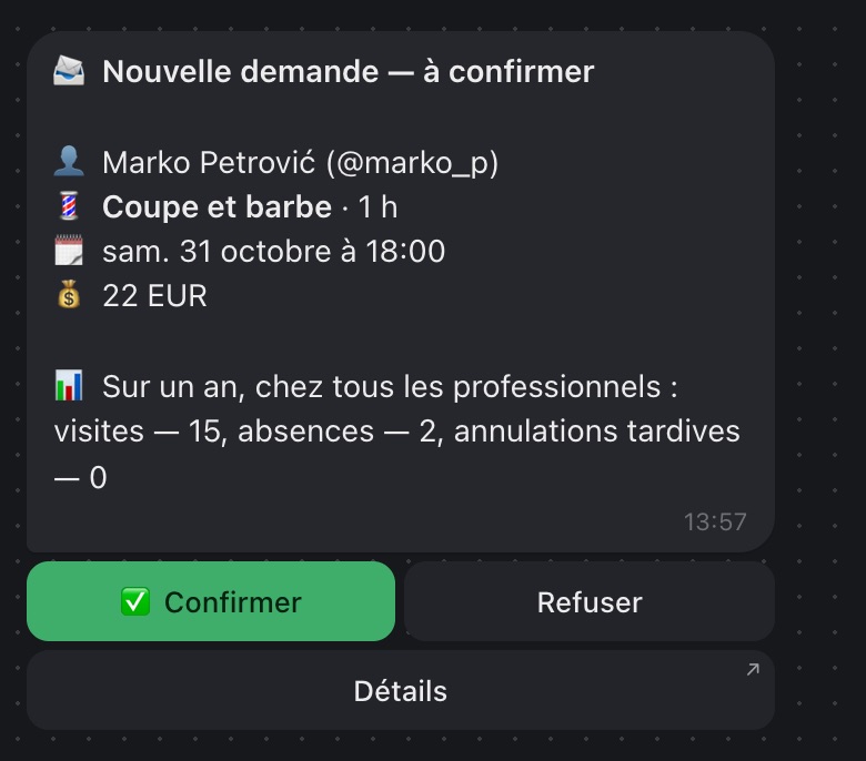 Une nouvelle demande de rendez-vous dans le bot Telegram avec les boutons Confirmer et Refuser