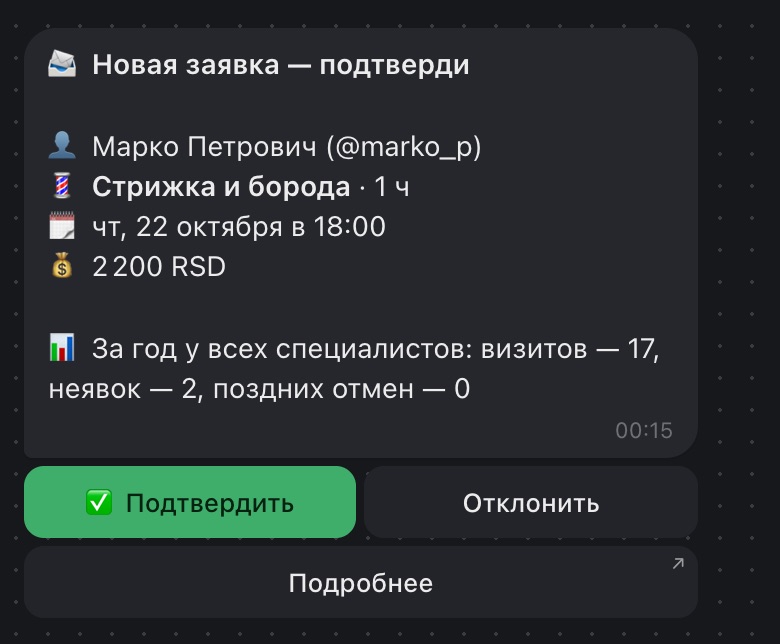 Новая заявка на запись в Telegram-боте с кнопками «Подтвердить» и «Отклонить»