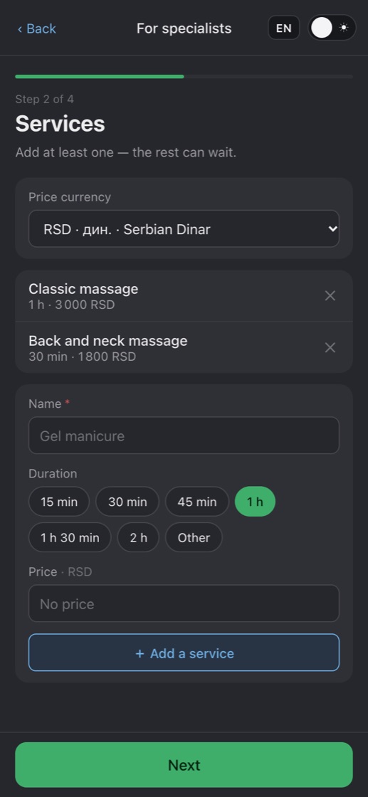 Step 2: list of services with duration and price and the form to add a service