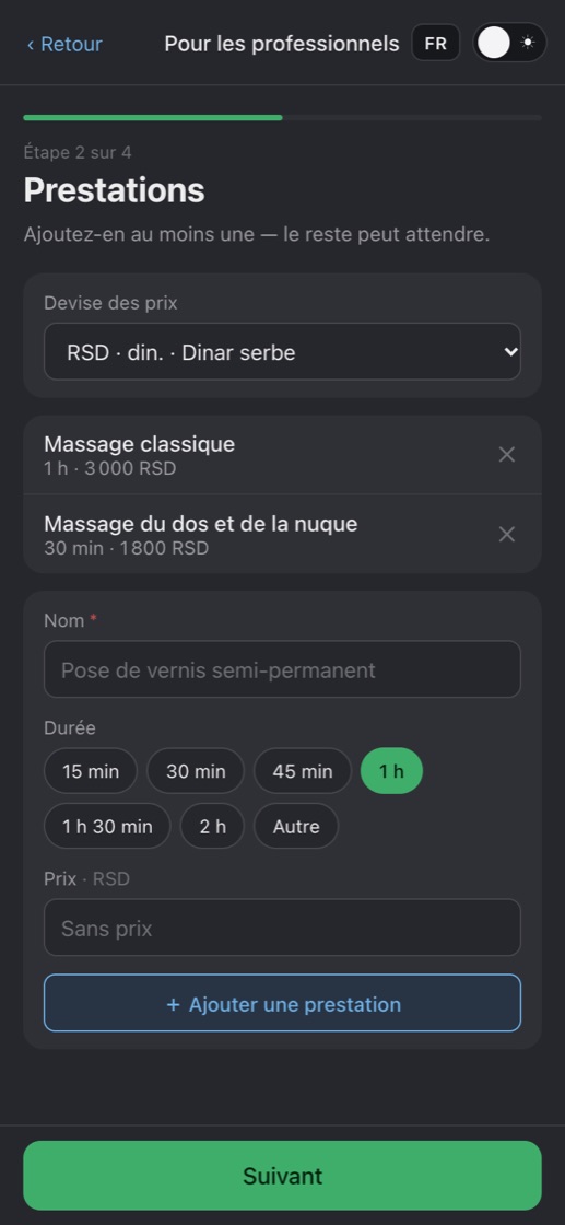 Étape 2 : liste des prestations avec durée et prix et formulaire d'ajout d'une prestation