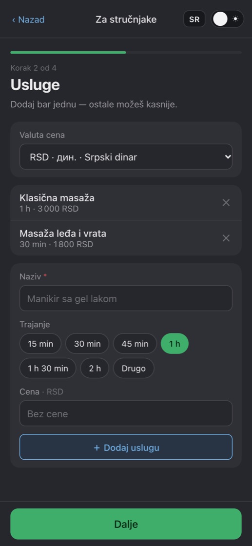 Korak 2: spisak usluga sa trajanjem i cenom i forma za dodavanje usluge