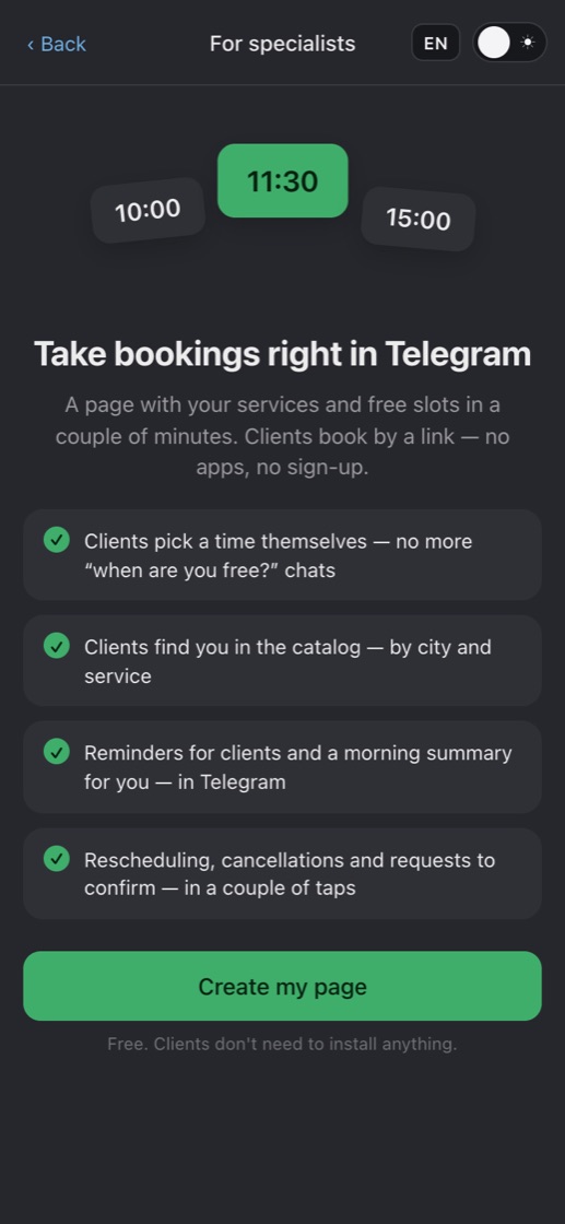 Docker Visit Bot in Telegram: the screen for specialists with the “Create my page” button