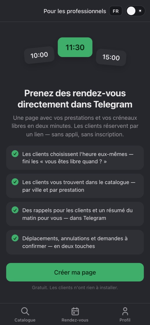 Docker Visit Bot dans Telegram : l'écran pour les professionnels avec le bouton « Créer ma page »