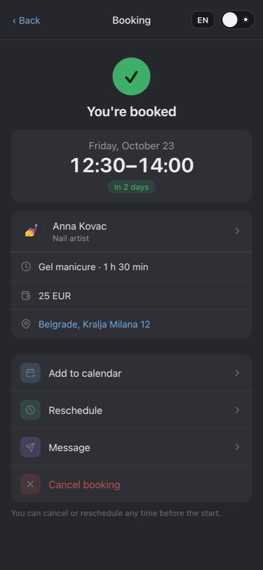 A booking confirmation with date and time