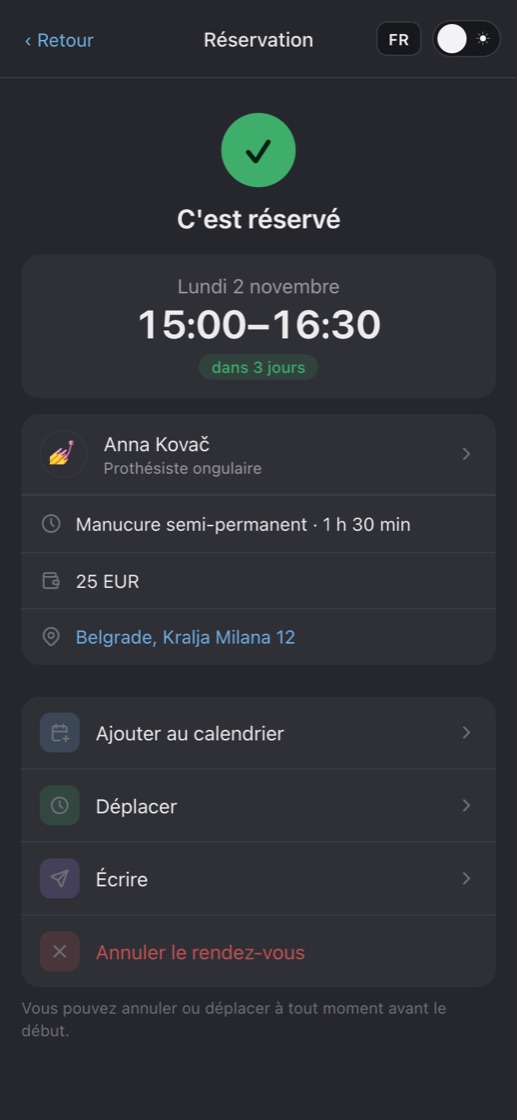 Une confirmation de rendez-vous avec la date et l'heure