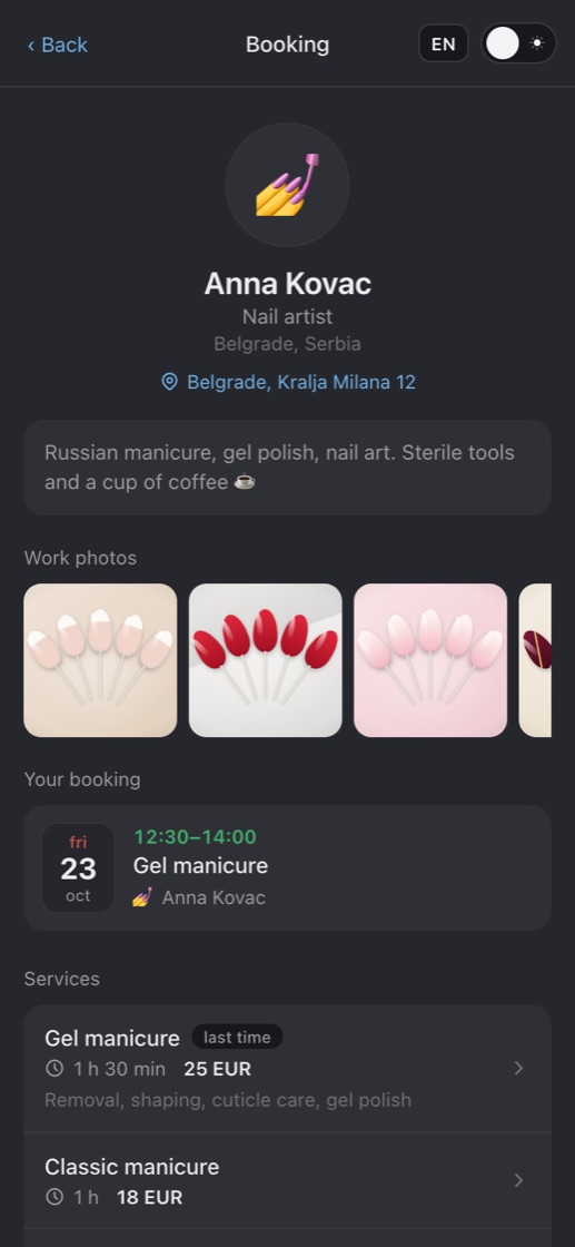 A specialist's booking page with work photos, services and prices