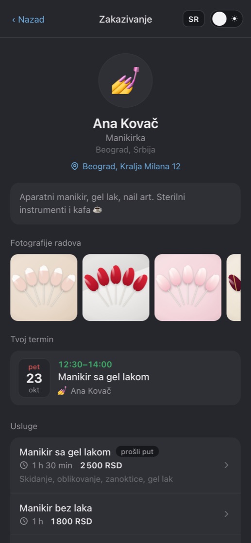Stranica stručnjaka sa fotografijama radova, uslugama i cenama
