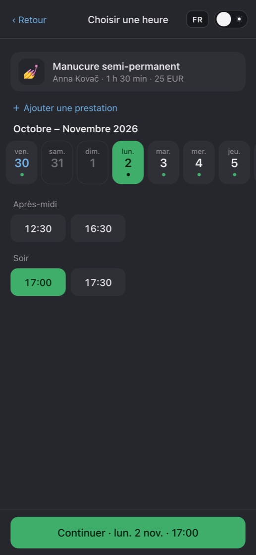 Choix d'un jour et d'un créneau libre