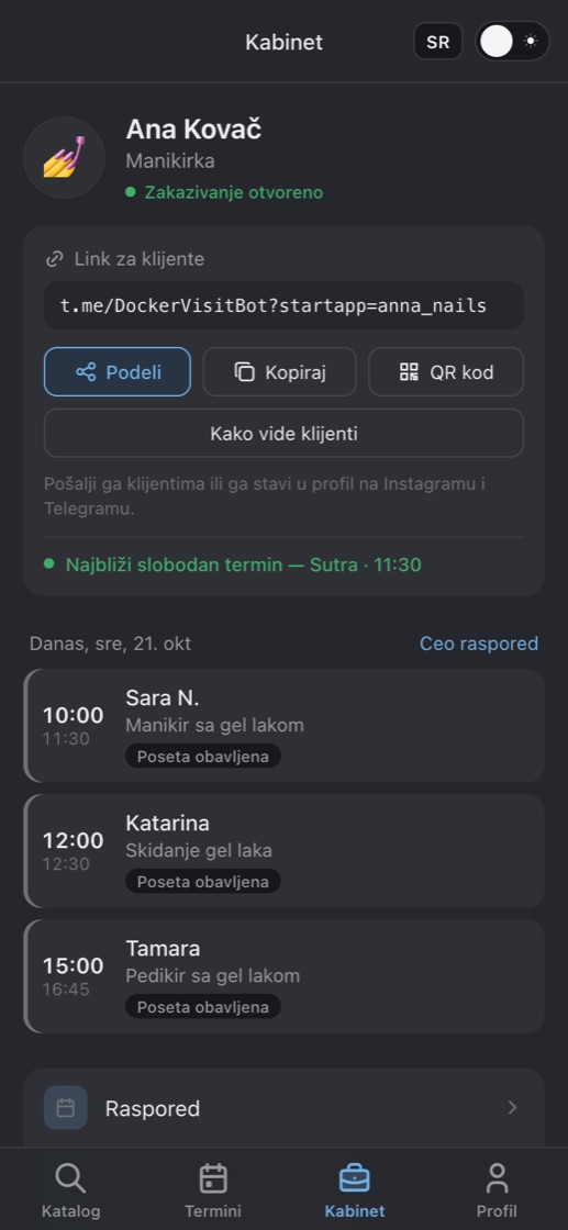 Kabinet stručnjaka sa linkom, QR kodom i današnjim terminima
